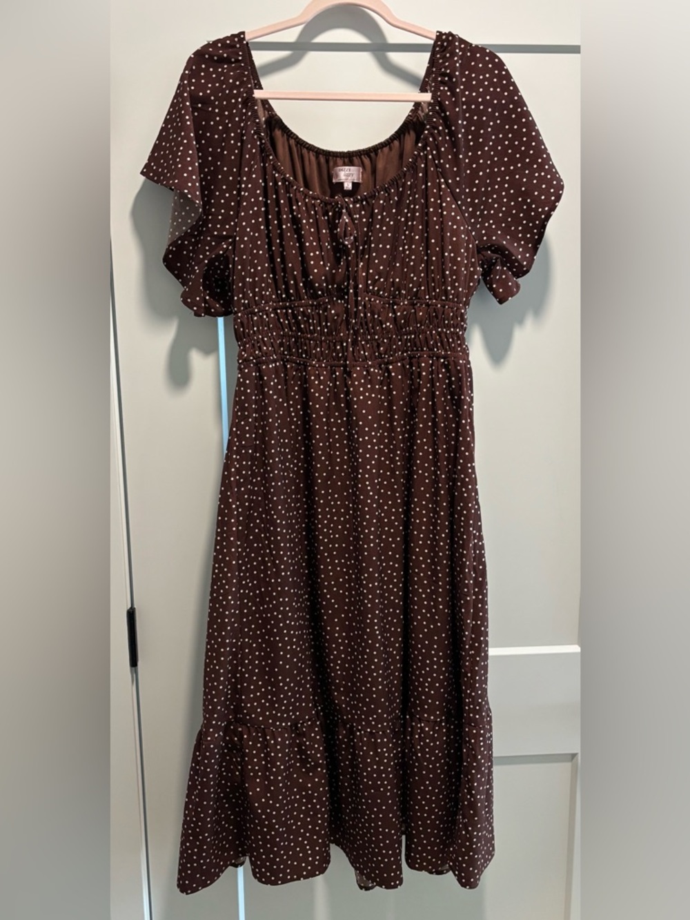 Dizzy Lizzy Brown Polka Dot Flutter Sleeve Midi Dress - Size L